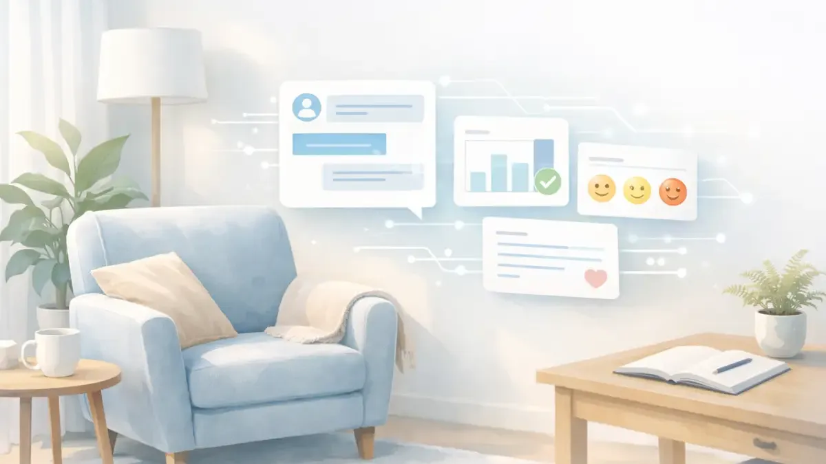 Therapist reviewing a structured pre-session brief with client mood data and session priorities