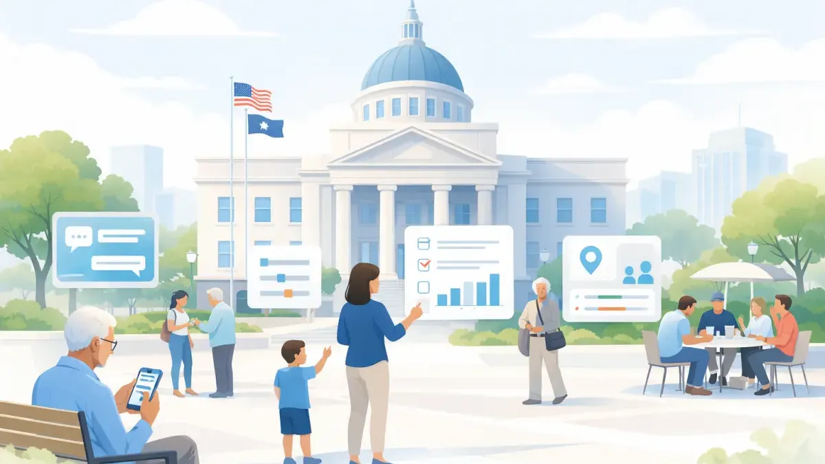 Diverse community members engaging with AI-powered public consultation on mobile devices