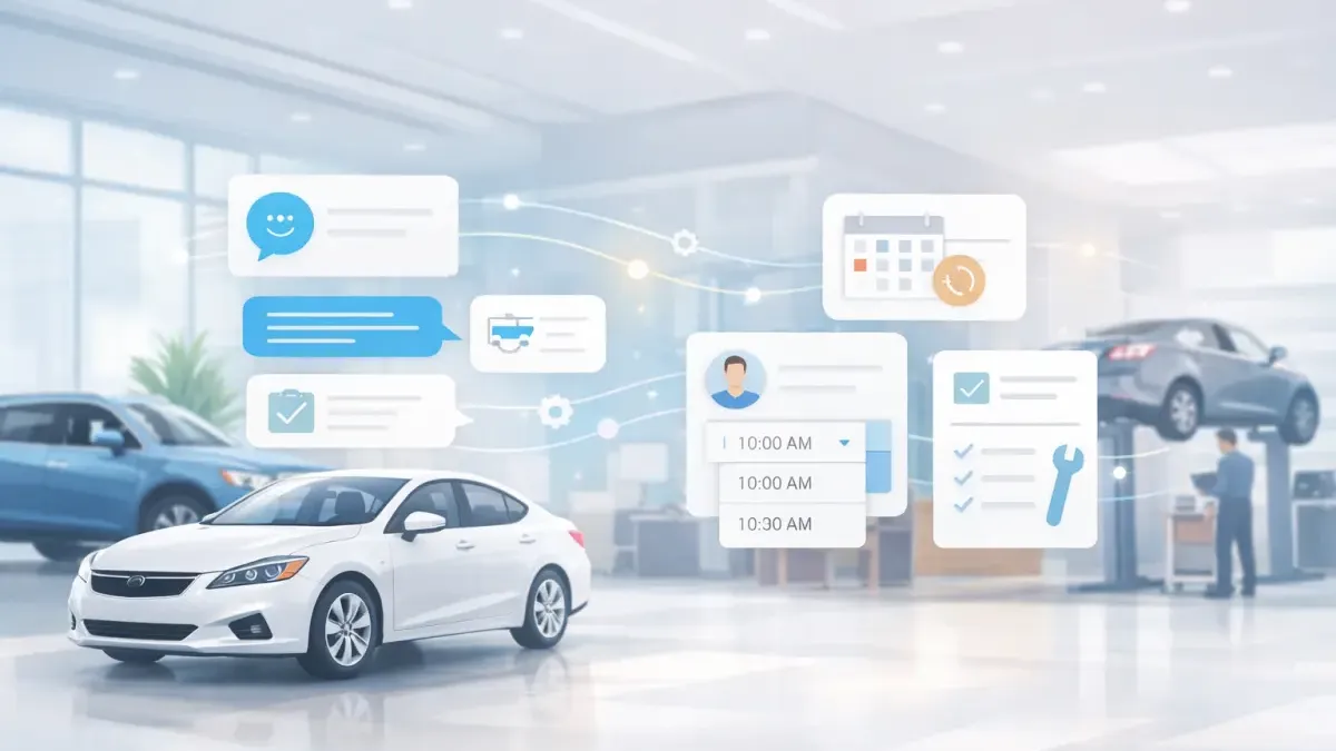 AI conversation automating service appointment intake at a car dealership, collecting vehicle details through natural dialogue