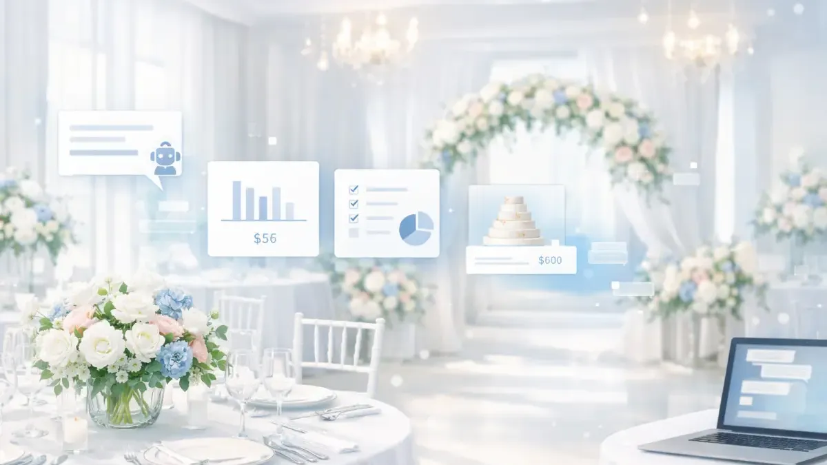 Event planner reviewing AI-collected budget qualification data on a laptop before a consultation call