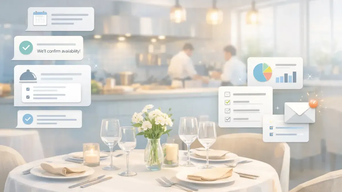 Restaurant private dining room with AI conversation interface collecting event inquiry details automatically