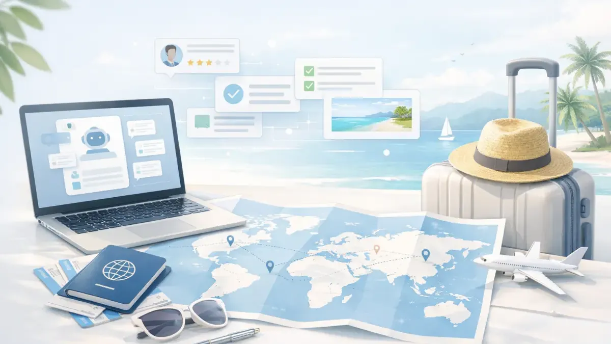 AI conversation interface qualifying a travel lead by collecting destination, dates, party size, and budget through natural dialogue