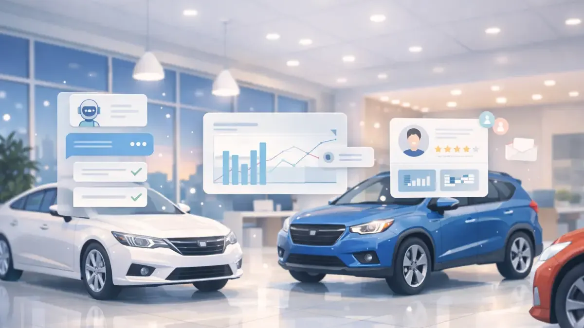 Car dealership showroom at night with AI conversation capturing an after-hours internet lead