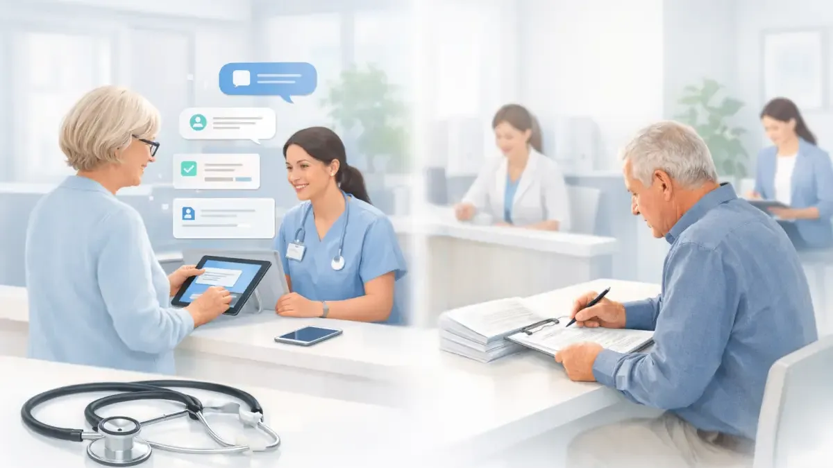 Side-by-side comparison of paper clipboard intake and conversational AI patient check-in