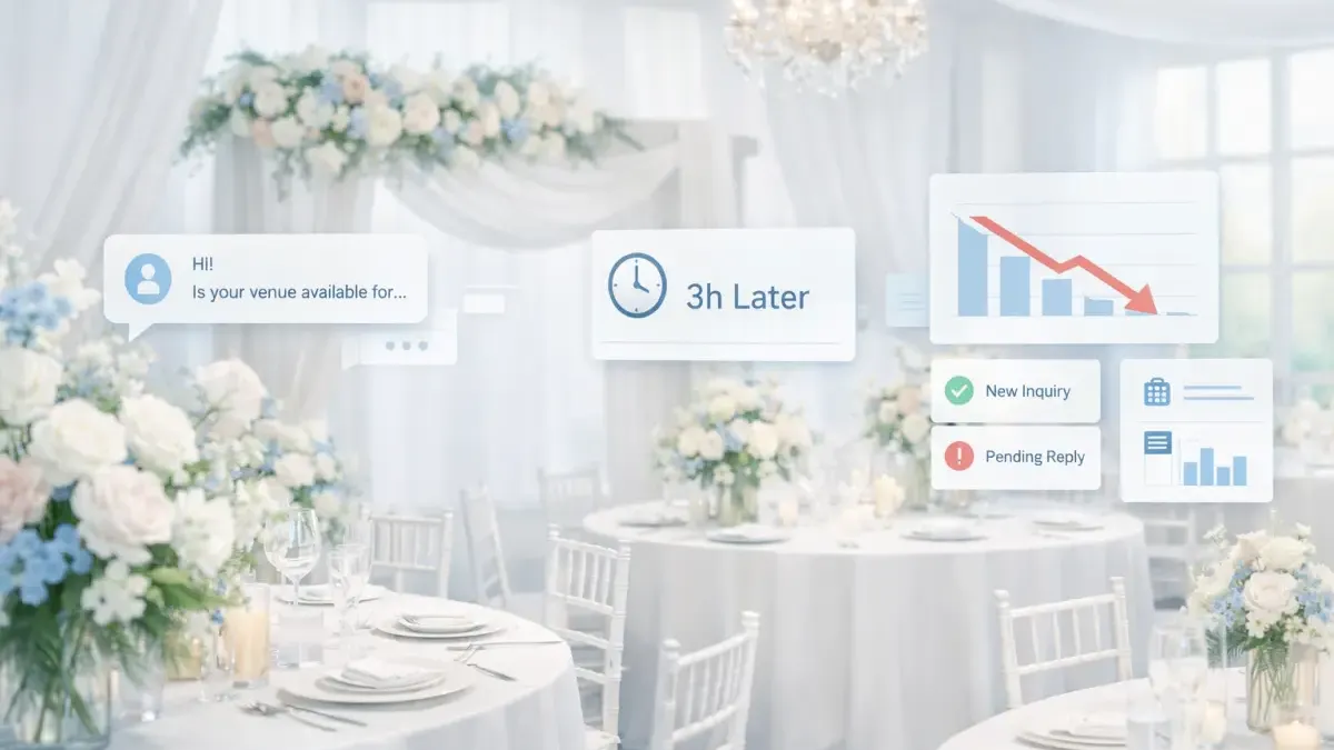 Event planner reviewing inquiry notifications on a laptop with AI conversation interface responding to client requests instantly