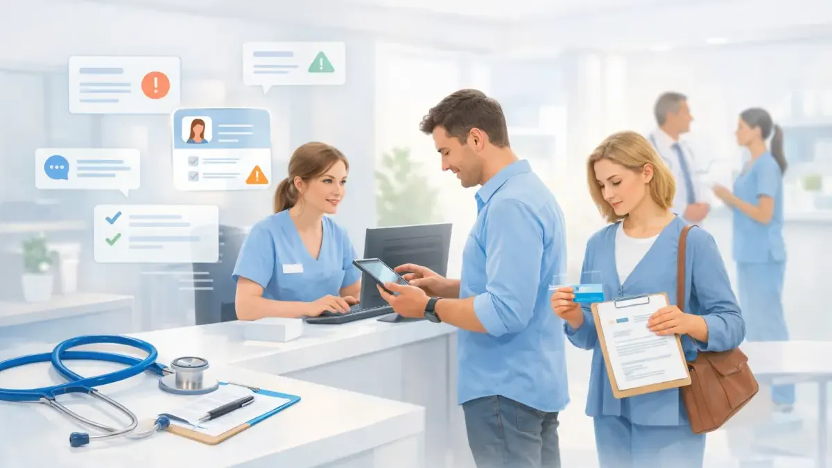 Healthcare intake process showing the chain from patient registration errors to claim denials