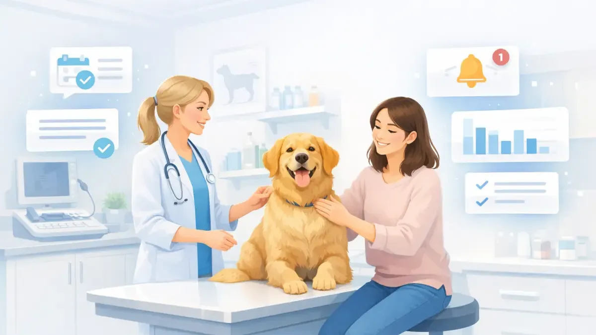 Veterinary appointment reminder conversation on a phone screen confirming a pet wellness visit