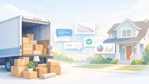Moving company estimator reviewing overnight AI-captured lead briefs with move details — origin, destination, home size, and special items — on Monday morning