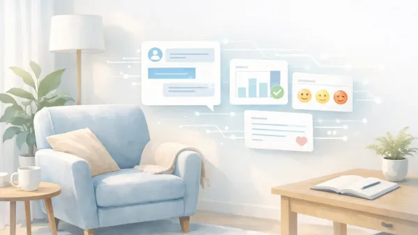 Therapist reviewing AI-generated pre-session brief showing client mood score, homework completion, and session priorities for between-session therapy check-in