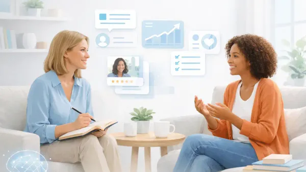 AI conversation guiding a coaching client through structured testimonial questions — capturing before/after transformation, measurable outcomes, and emotional arc