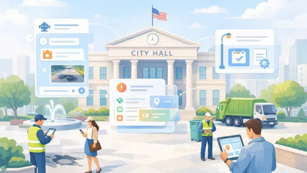 AI conversation collecting 311 service request data — address, GPS coordinates, issue category, and urgency level — from a resident reporting a pothole or streetlight outage on mobile