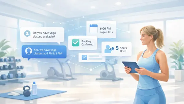Fitness studio front desk with AI conversation interface automatically answering class inquiry questions
