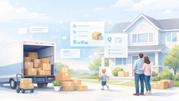 Moving estimator reviewing an AI-generated inventory manifest — room-by-room furniture, piano and gun safe flagged as special items, and staircase access conditions at both locations — all collected before the first estimator call