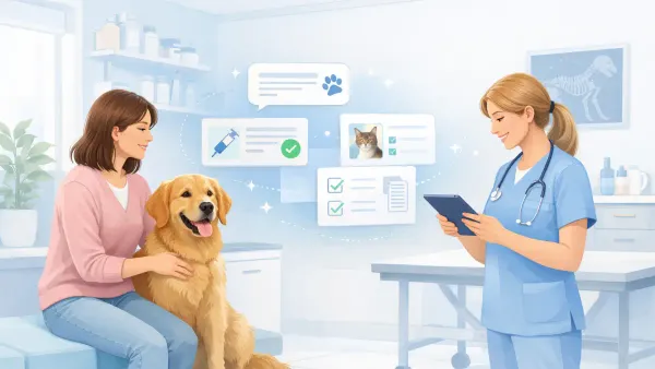 AI conversation collecting pet boarding intake requirements including vaccination records, feeding instructions, and behavioral history before check-in