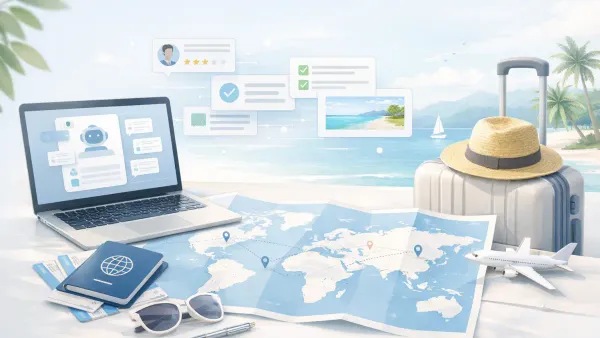 Travel specialist reviewing an AI-generated qualification brief with destination, travel dates, party size, budget range, and activity interests — ready to present matched itineraries before the first consultation call