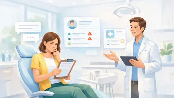 Dental patient intake form on a clipboard showing handwriting errors, skipped medication fields, and missing insurance numbers — replaced by an AI conversation asking one question at a time before the appointment