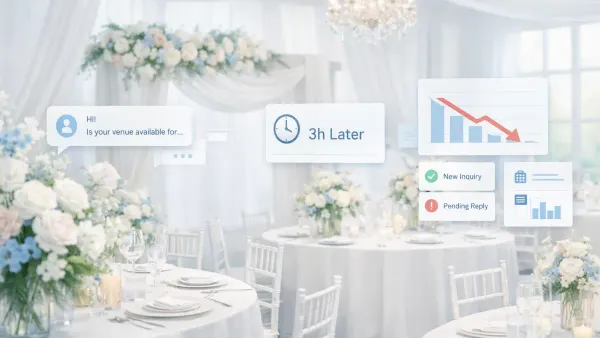 Event planner's screen showing an AI conversation collecting event date, guest count, budget range, and AV requirements from a corporate inquiry — while competitors wait to check their inbox the next morning
