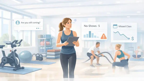 Empty boutique fitness studio class spots with cost breakdown — ad spend, staff time, and lost membership LTV from trial no-shows at 30-50% rates