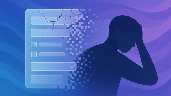 Frustrated user abandoning a 15-field web form mid-completion — illustrating the 67% form abandonment rate, with the same form on mobile showing 27% higher drop-off than desktop