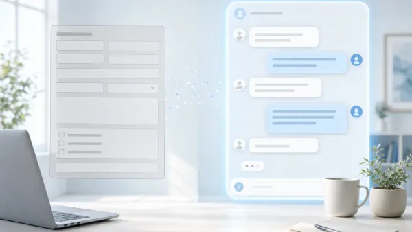 Two contrasting interfaces side by side: a traditional web form with multiple empty fields, and an AI chat conversation collecting the same information through natural dialogue