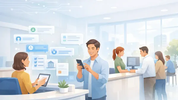 AI conversation on a phone screen guiding a permit applicant through building permit requirements, collecting complete structured data before they reach the government counter
