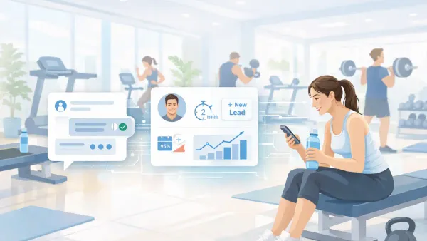 Gym prospect receiving an instant AI conversation on their phone — collecting fitness goals, schedule, and budget to qualify the membership inquiry before staff contact