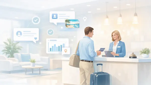 Hotel guest receiving AI pre-arrival upsell conversation on smartphone — champagne welcome offer, room upgrade, and pillow preference collected 72 hours before check-in