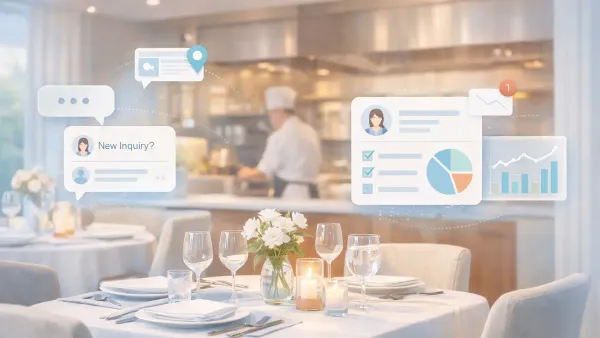 Restaurant event coordinator receiving an AI-collected catering brief — event date, guest count, dietary restrictions, and budget range captured automatically without voicemail or phone tag
