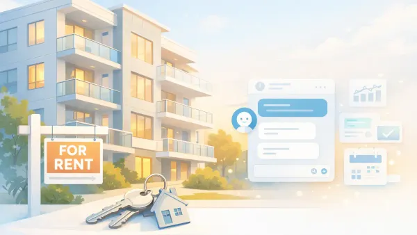 AI conversation on a phone at 9:30 PM collecting move-in timeline, bedroom count, pet situation, and income threshold from a rental prospect — delivering a qualified guest card to the property manager before the workday starts