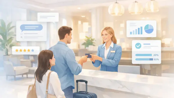 Hotel guest replying to an AI post-stay conversation via WhatsApp — capturing satisfaction score, housekeeping feedback, and room preferences at 70-90% completion versus 20% for traditional email surveys