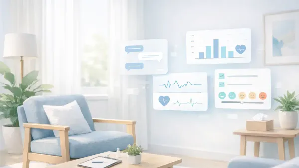 PHQ-9 and GAD-7 scores collected via AI conversation before a therapy session — a structured pre-session brief with depression and anxiety trend data delivered to the clinician without paper forms or waiting room administration