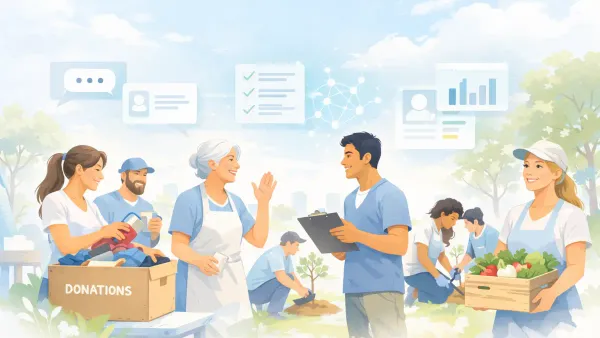 Nonprofit volunteer coordinator receiving AI-collected profiles — skills, availability, and motivation gathered conversationally at signup to activate more volunteers