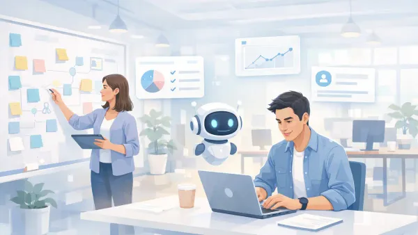 Marketing agency account manager reviewing an AI-collected client brief — brand voice, audience personas, and competitive context captured asynchronously before the kickoff call