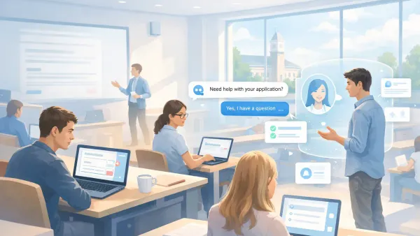 Student completing a college enrollment intake AI conversation on their phone, with structured data flowing to an admissions dashboard — reducing form abandonment