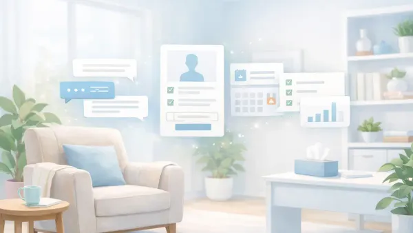 Therapist reviewing an AI-collected administrative intake summary — contact details, insurance, and scheduling preferences gathered conversationally before session one, replacing the 15-page PDF packet