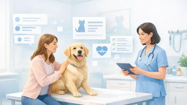 Pet owner completing a veterinary pre-visit intake AI conversation on their phone the night before the appointment, providing vaccination records and symptom history